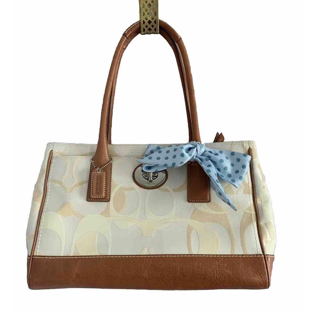 Coach Cream Canvas Leather Handbag 11821 Blue Scarf Bow Feet Made Jan 2008 Purse